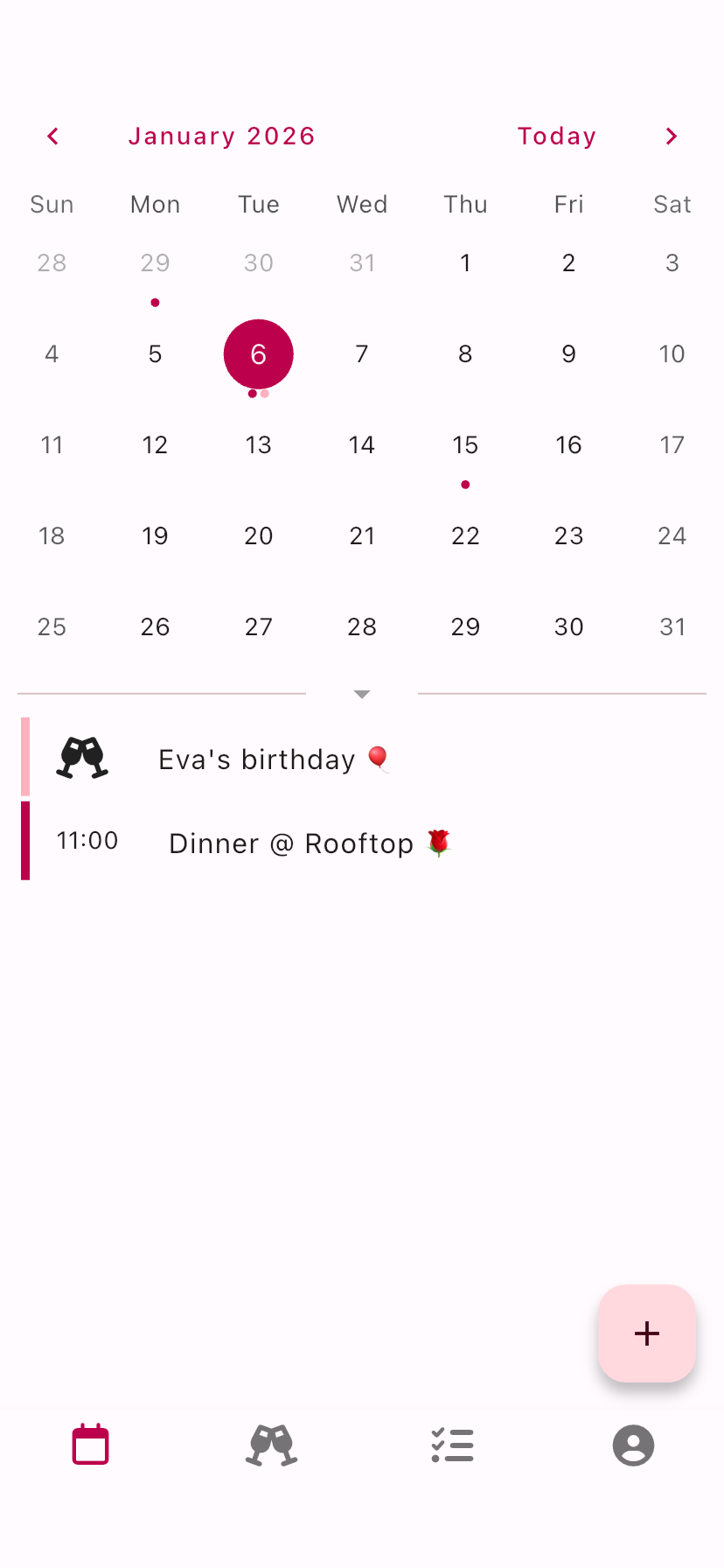 Duet shared calendar showing a couple's events for the month.