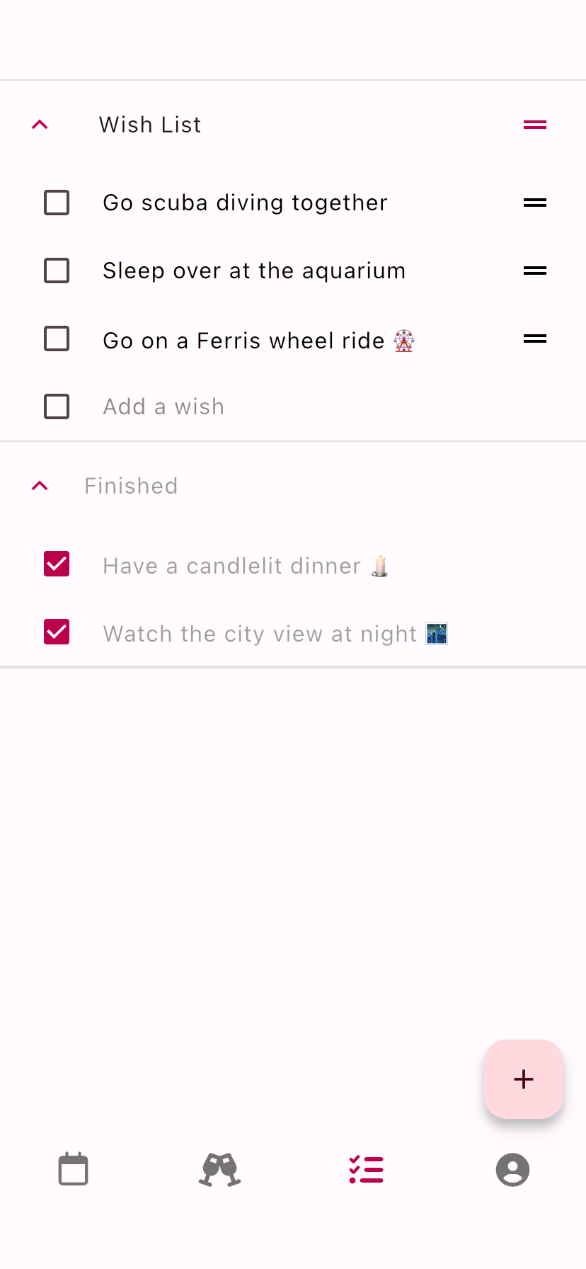 Duet shared wish list with items a couple wants to buy or do together.